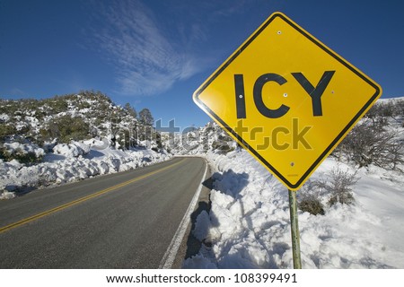 Icy road sign along Highway 33 north of Ojai, California
