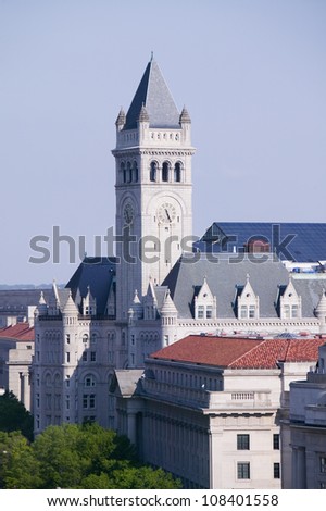Elevated view of historic Old Post Office tower in Washington DC