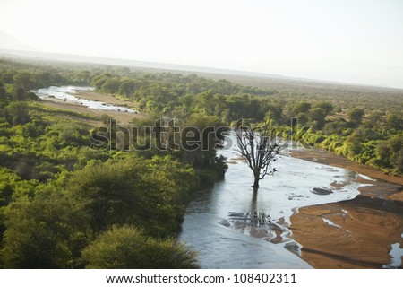 Aerial photos of river and Lewa Conservancy in Kenya, Africa