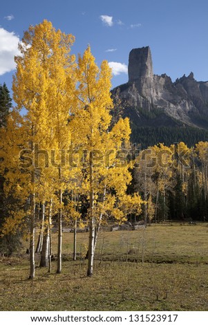 Chimney Peak and Aspens in the foreground at Courthouse Mountains in the Uncompahgre National Forest, Colorado