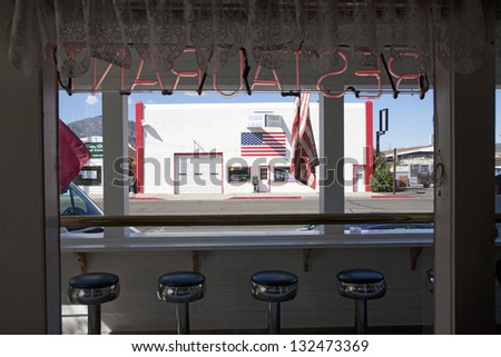 BRIDGEPORT, CA - SEPTEMBER 11: Inside of highway restaurant with bar stools on September 11, 2012 in Bridgeport, CA