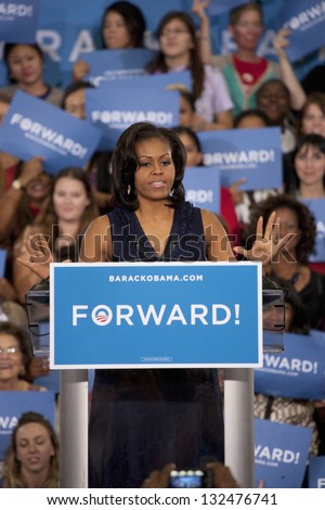 LAS VEGAS - OCTOBER 26: First Lady Michelle Obama speaks at President Obama`s campaign rally on October 26, 2012 at Orr Middle School in Las Vegas, Nevada.