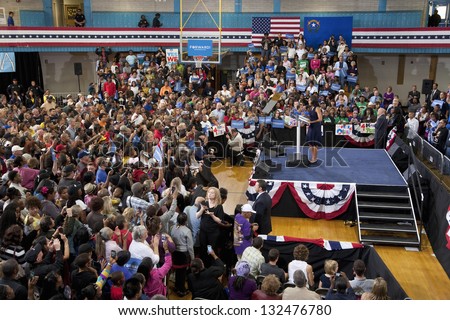 LAS VEGAS - OCTOBER 26: First Lady Michelle Obama on stage at President Obama`s campaign rally on October 26, 2012 at Orr Middle School in Las Vegas, Nevada.
