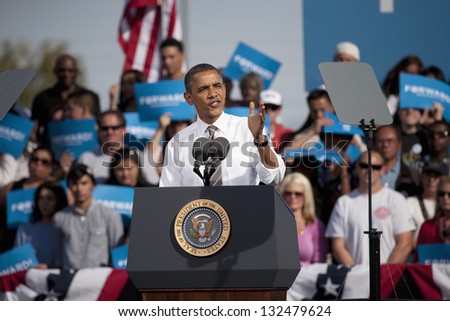 LAS VEGAS - NOVEMBER 01: Barack Obama speaks at a 2012 Election Campaign rally with supporters in the background at Cheyenne Sports Complex on November 01, 2012 in North Las Vegas, Nevada