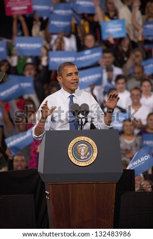 LAS VEGAS - OCTOBER 24: Barack Obama speaking at a campaign rally at Doolittle Park on October 24, 2012 in Las Vegas, Nevada