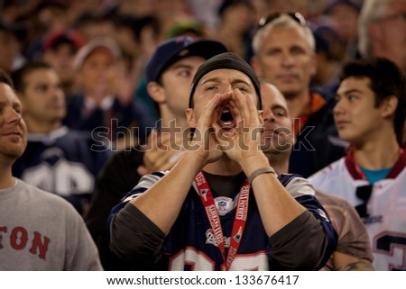 BOSTON - OCTOBER 16: New England Patriots fan shouting at Gillette Stadium, New England Patriots vs. the Dallas Cowboys on October 16, 2011 in Foxborough, Boston, MA