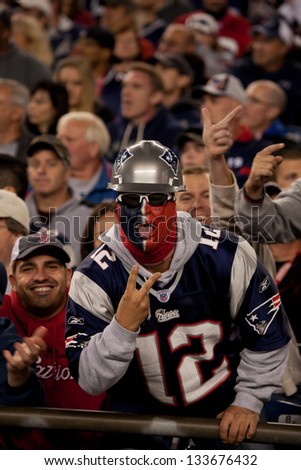 BOSTON - OCTOBER 16: New England Patriots fan showing v-sign at Gillette Stadium, New England Patriots vs. the Dallas Cowboys on October 16, 2011 in Foxborough, Boston, MA