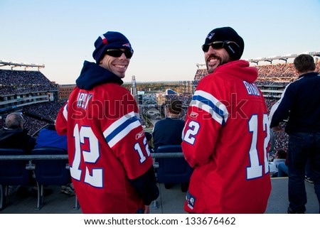 BOSTON - OCTOBER 16: Two New England Patriots football fans at Gillette Stadium, New England Patriots vs. the Dallas Cowboys on October 16, 2011 in Foxborough, Boston, MA