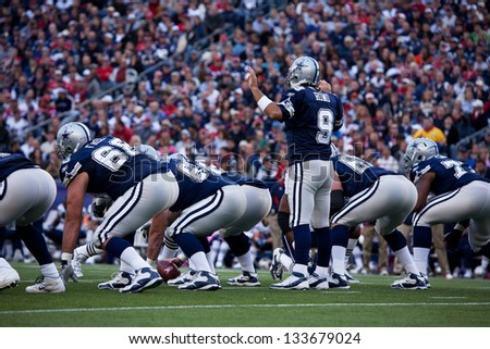 BOSTON - OCTOBER 16: Quarterback Tony Romo, No 9 of Dallas Cowboys at Gillette Stadium, New England Patriots vs. Dallas Cowboys on October 16, 2011 in Foxborough, Boston, MA