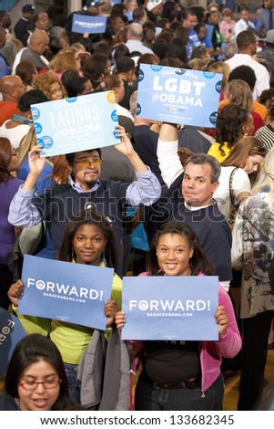 LAS VEGAS - OCTOBER 26: Supporters of Barack Obama on a Presidential Election campaign rally at Orr Middle School on October 26, 2012 in Las Vegas, NV