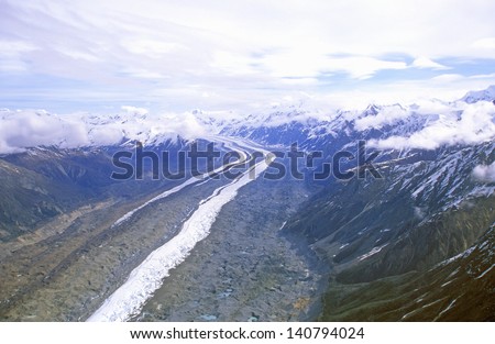 Aerial view of a glacier in St. Elias National Park, Wrangell, Alaska