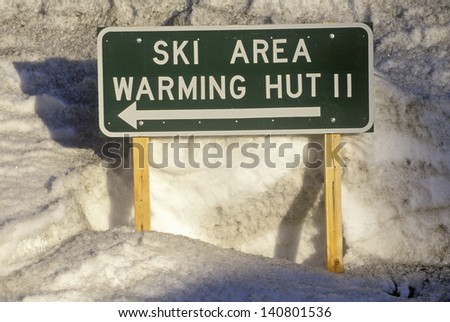 Ski Area Warming Hut II sign in Mammoth, California
