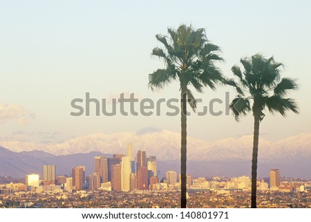 Los Angeles and snowy Mount Baldy as seen from the Baldwin Hills, Los Angeles, California