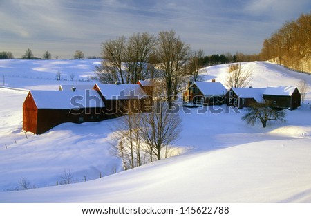 Farm at sunrise in winter snow, VT