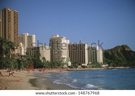 HAWAII - CIRCA 1990\'s: Waikiki Beach with Diamond Head beyond in Hawaii