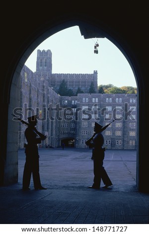 WEST POINT, NY - CIRCA 1986: Soldiers guarding building at West Point Military Academy
