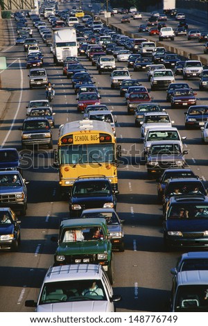 Los Angeles, Ca - Circa 1990\'S: Heavy Traffic On Freeway California Interstate 405 Close To Sunset Blvd. In Los Angeles, Ca