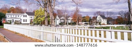 WISCASSET, MAINE - CIRCA 1990\'s: White fence and homes in Wiscasset, Maine