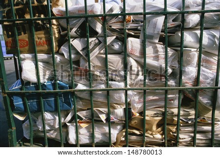 LOS ANGELES, CALIFORNIA - CIRCA 1990\'s: Collected paper in a recycling plant in Santa Monica, Los Angeles, California
