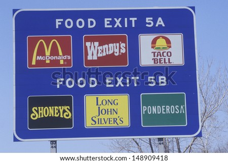MARYLAND - CIRCA 1990\'s: A food sign with various fast food restaurant signs