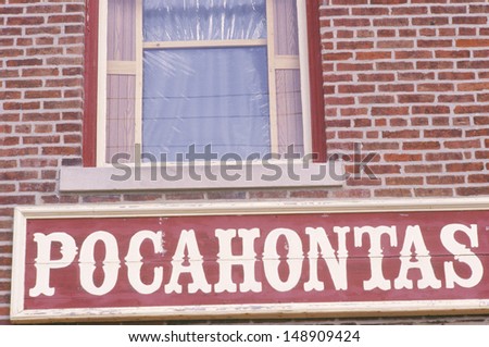 POCAHONTAS, IL - CIRCA 1980's: A sign that reads `Pocahontas`under a window in Pocahontas, Illinois