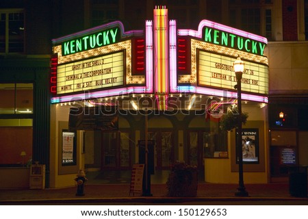 LEXINGTON, KENTUCKY - CIRCA 1990\'S: Neon marquee sign for movie theater saying in Lexington, KY