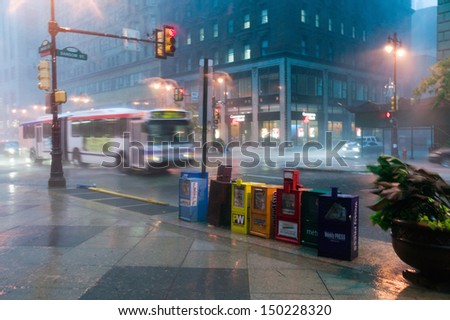 Philadelphia, Pa. - Circa 2005: Newspaper Stands During Rain Storm In Downtown Philadelphia, Pennsylvania