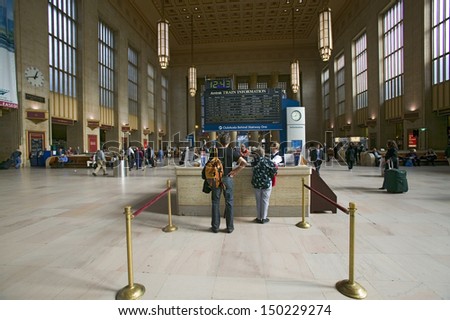 PHILADELPHIA, PA. - CIRCA 2005: Interior view of 30th Street Station and ticket booths, a national Register of Historic Places, AMTRAK Train Station in Philadelphia, PA