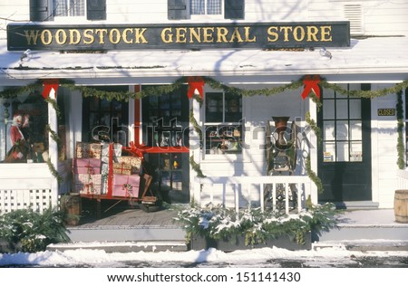 WOODSTOCK, NEW YORK - CIRCA 1980\'s: General store decorated for Christmas, Woodstock, NY