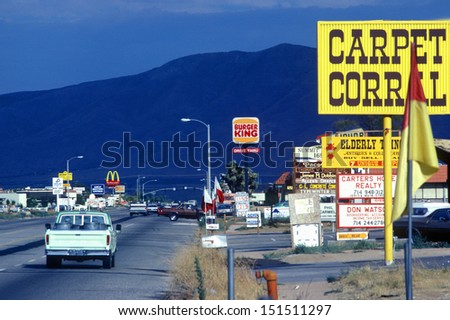HESPERIA, CALIFORNIA - CIRCA 1980\'s: Roadside signs and billboards at entrance to Hesperia, CA