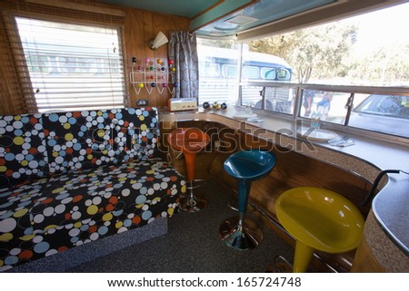 Interior view of 1950\'s style modern bar in Trailer, at Vintage Trailers and Campers, the 4th Annual Vintage Trailer Bash, Flying Flag RV Resort, Buellton, California September 2013