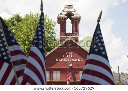 Ridgway Colorado Firehouse on July 4 with US Flags
