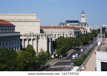 Elevated view down Pennsylvania Avenue, Washington D.C. with Old Post Office tower in view, Washington, D.C.