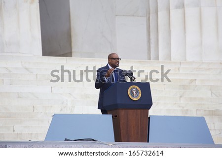 Actor Forest Whitaker speaks during the Let Freedom Ring ceremony at the Lincoln Memorial August 28, 2013 in Washington, DC, the 50th anniversary of Dr. Martin Luther King Jr.\'s speech