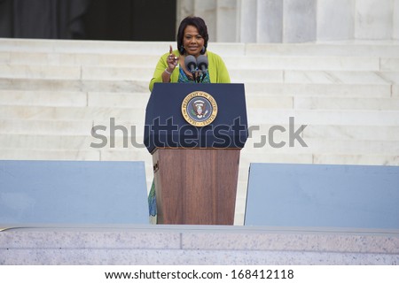 Dr. Reverend Bernice King speaks during the Let Freedom Ring ceremony at the Lincoln Memorial August 28, 2013 in Washington, DC, the 50th anniversary of Martin Luther King\'s speech.