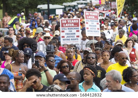Civil Rights marchers at the rally for the 50th Anniversary of the march on Washington and Martin Luther King\'s I Have A Dream Speech, August 24, 2013, Lincoln Memorial, Washington, D.C.