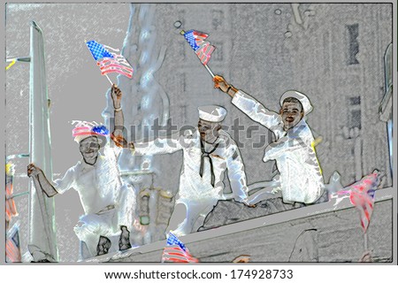 This is a digitally created image of a ticker tape parade in New York, New York. It was the Desert Storm Victory parade with three sailors celebrating with waving American flags in their hands.