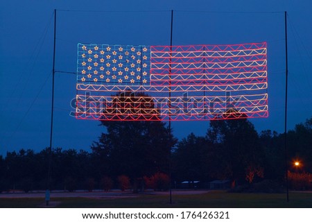 Electric American Flag at Night in Plains Georgia, home of 39th President of the US, President Carter