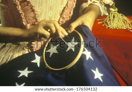 Living history reenactment of making of first American flag, Philadelphia, Pennsylvania