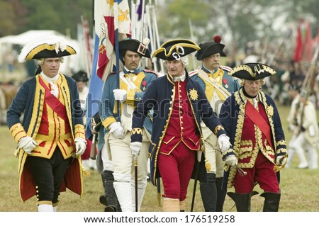 Compte De Grasse, Major General in casual attire, General RochambeauPatriot soldiers march Surrender Field as part of the 225th Anniversary of the Victory at Yorktown, a Revolutionary War, Virginia.