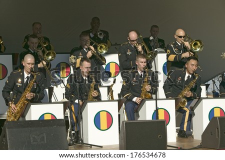 Concert by the U.S. Army Training and Doctrine Command Band, a jazz band, in Colonial National Historical Park.  Part of the 225th Anniversary of the Siege of Yorktown, Yorktown, Virginia.