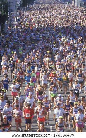 Runners crossing finish line, Los Angeles Marathon, Los Angeles, CA