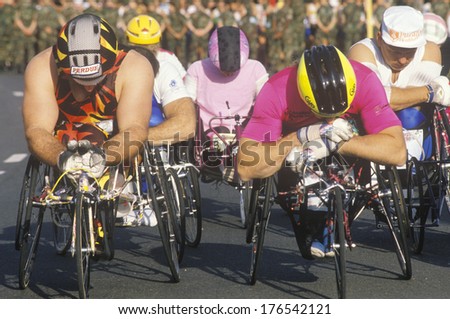 Wheelchair athletes at start line of marathon run, Washington, D.C.