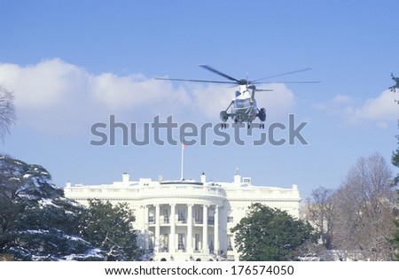 President Reagan arriving at the White House in a helicopter in Washington, D.C.