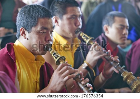Tibetan Monks with horns at Amitabha Empowerment Buddhist Ceremony, Meditation Mount in Ojai, CA