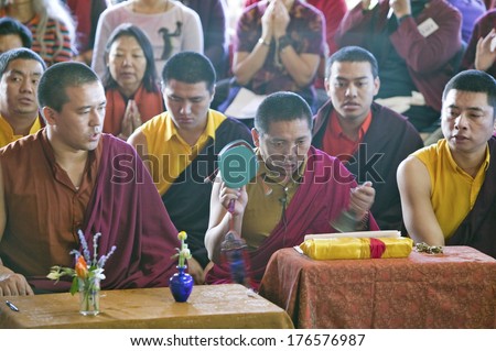 Tibetan Monks with cymbals at Amitabha Empowerment Buddhist Ceremony, Meditation Mount in Ojai, CA