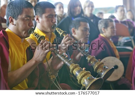 Tibetan Monks with horns and drum at Amitabha Empowerment Buddhist Ceremony, Meditation Mount in Ojai, CA