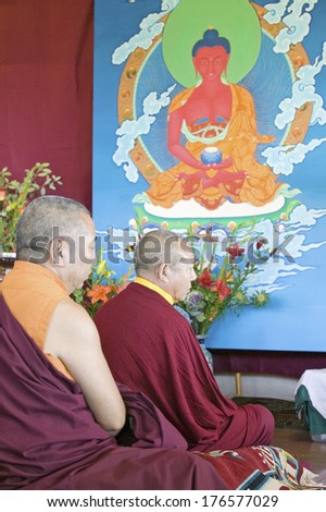 Tibetan Monks with painting of Buddha Amitabha at Amitabha Empowerment Buddhist Ceremony, Meditation Mount in Ojai, CA