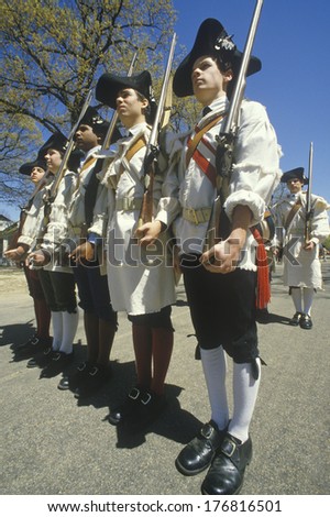 Soldiers with muskets during American Revolutionary War Historical reenactment, Williamsburg, Virginia