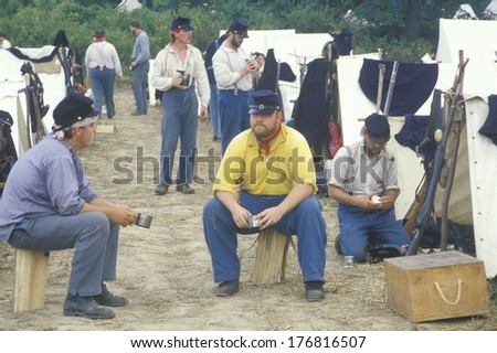 Confederate participants in camp scene during recreation of Battle of Manassas, marking the beginning of the Civil War